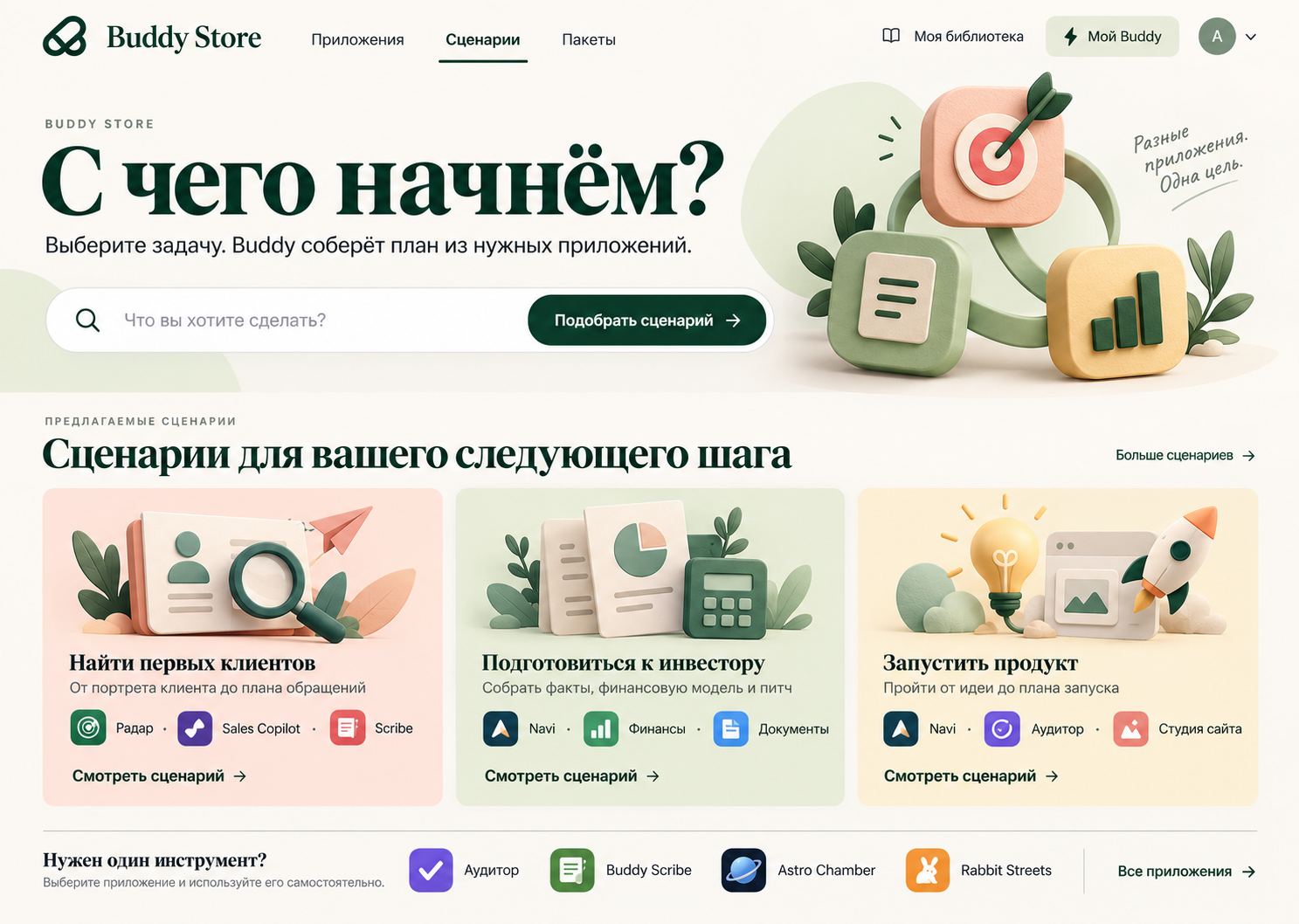 Макет сценариев Buddy Store: найти клиентов, подготовиться к инвестору и запустить продукт